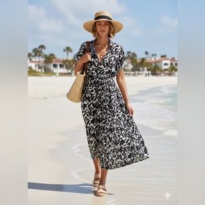 Free Assembly Midi Shirt Dress Black White Floral Abstract Belted XS